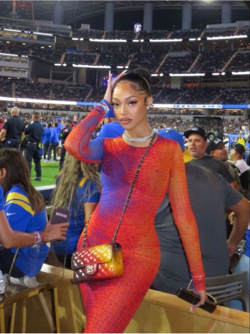 Long Sleeve Gradient Bodycon Dress in Red and Blue